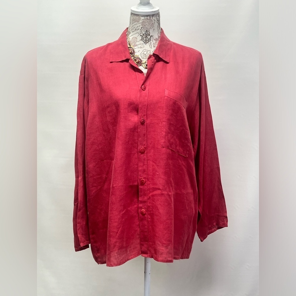 FLAX Red 💯 Linen long sleeve button tunic size S.